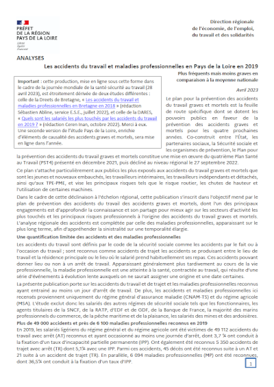 Les accidents du travail et maladies professionnelles en Pays de la Loire en 2019