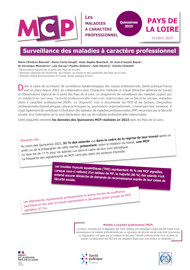 Les maladies à caractère professionnel. Quinzaines 2023. Pays de la Loire